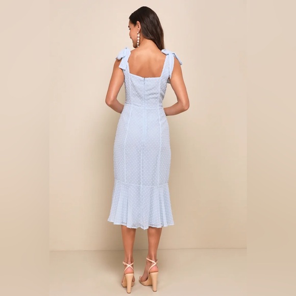 New Lulus Bimini Periwinkle Blue Swiss Dot Tie-Strap Midi Dress Size Medium - Picture 4 of 4